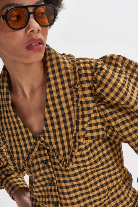 Penny Crinkle Check Blouse - Mustard