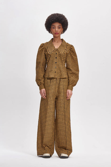 Penny Crinkle Check Blouse - Mustard