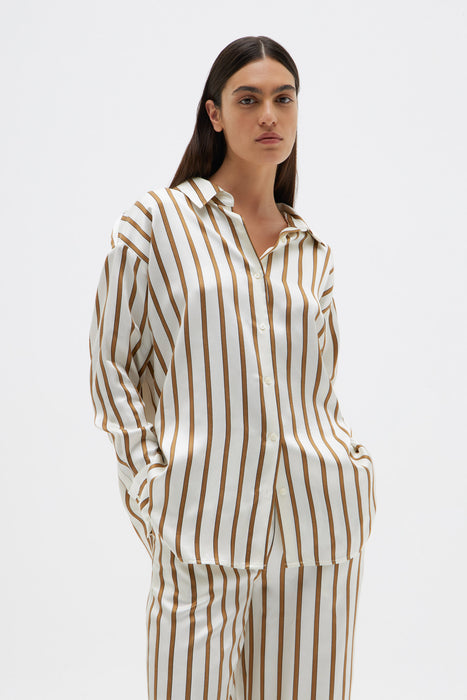 Italian Jacquard Stripe Shirt - Biscuit / Black Stripe
