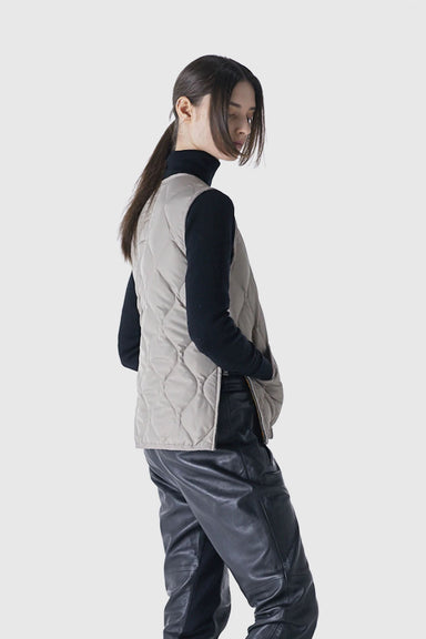 Military Zip V Neck Down Vest - Light Grey