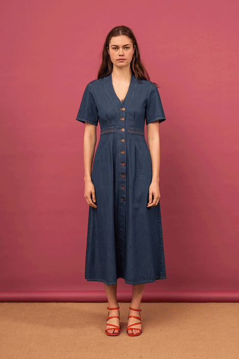 Sofia Dress - Blue Denim / Gold Embroidery